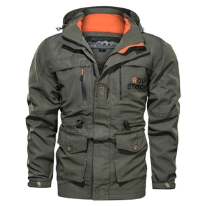 Men's olive green outdoor windbreaker jacket with orange lining and tactical pockets