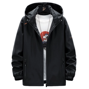 Men's black hooded windbreaker jacket with zipper pockets and athletic utility style