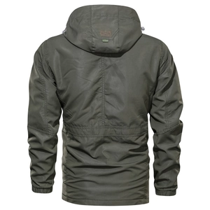 Army green men's hooded windbreaker jacket with back panel detail and ribbed cuffs