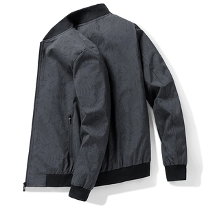 Men's dark grey bomber jacket with tropical leaf patterns and ribbed cuffs