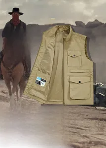 Detail of khaki outdoor vest showing breathable mesh lining and multi-pocket design