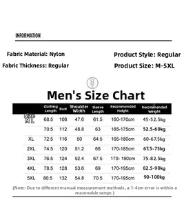 Tableau détaillé des tailles pour vestes d'hiver hommes de M à 5XL avec mesures