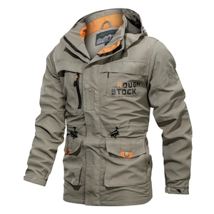 Men's tactical hooded jacket in army green with bright orange lining and multi-pocket design