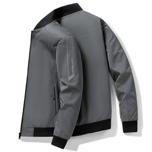 Men's dark grey slim fit bomber jacket with stand collar and rib-knit cuffs on white back
