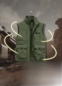 Detail view of military green multi-pocket utility vest with stand collar and zipper