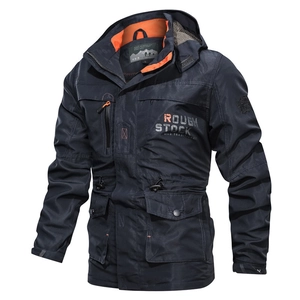 Men's navy outdoor tactical windbreaker with orange hood lining and multiple utility pockets