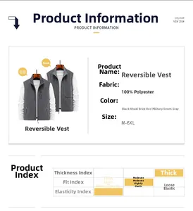 Detail view of reversible vest features including multi-pocket design and 100% polyester fabric