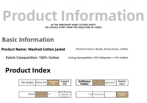 Detailed size and material specification chart for the men's thick cotton pilot jacket