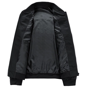 Men's minimalist black flight jacket with a ribbed baseball collar and metal zipper