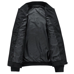 Men's black casual jacket with subtle floral texture and ribbed cuffs on white background