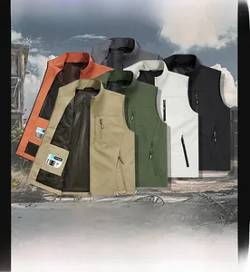 Detail of outdoor fishing vest showing six color options with mesh lining and zip pockets