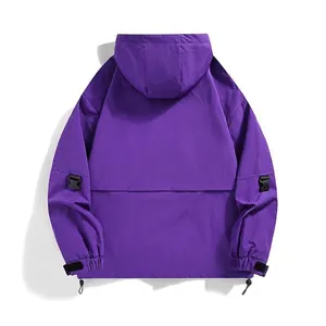 Outdoor hooded mountain jacket in purple with windproof fabric and adjustable cuffs