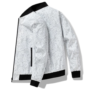 Men's white bomber jacket with tropical palm leaf print and black ribbed trims