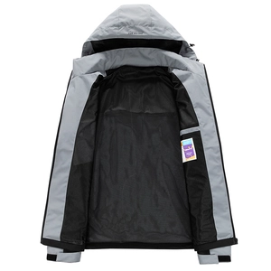Men's casual hooded light grey windbreaker jacket with black breathable mesh lining