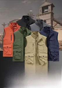 Detail view of multi-pocket fishing vest showing multiple color options and mesh lining