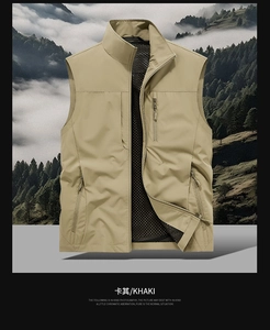 Detail of khaki outdoor vest showing multi-pocket design and breathable mesh lining