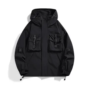 Black outdoor tactical hooded jacket with multi-pocket design and adjustable drawstrings
