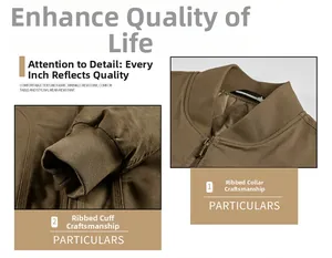 Detail view of ribbed collar and cuffs on a brown cotton flight jacket with metal zipper
