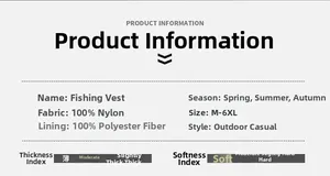 Detailed size chart and material specs for lightweight outdoor fishing vest M-6XL