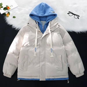 Giacca imbottita beige e blu con cappuccio design due pezzi per uomo e donna con zip
