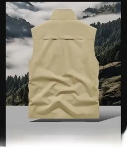 Rear view of khaki utility fishing vest featuring breathable back vent and stand collar