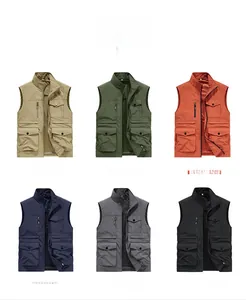 Multiple color options of multi-pocket outdoor fishing vests in a neat grid display