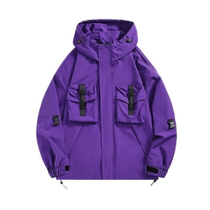 Outdoor dark purple mountain jacket with multi-pocket design and adjustable hood