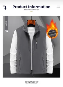 Detail view of gray cotton spandex flight suit vest featuring warm fleece lining and standing collar