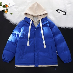 Parka imbottito blu reale unisex con cappuccio a contrasto beige e coulisse