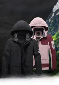 Outdoor hooded windbreaker jacket with windproof fabric in black and pink for couples