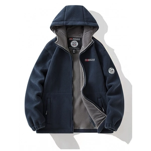 Men's Thick Fleece Jacket Double Layer Hooded Warm Outdoor Winter Coat Full Zip Casual Outerwear With Nordic Flag Patch