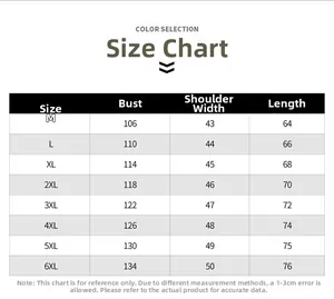 Detailed size chart for men's multi-pocket fishing vest, ranges from M to 6XL sizes