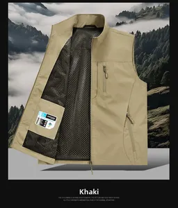 Detail of khaki outdoor vest showing black breathable mesh lining and brand label