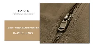 Detail of durable metal zipper and high-density twill fabric on men's flight jacket