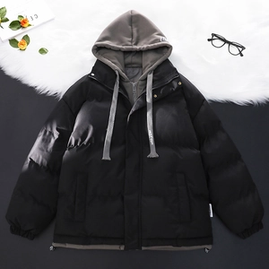 Giacca imbottita unisex con cappuccio e design finto due pezzi in nero e grigio invernale