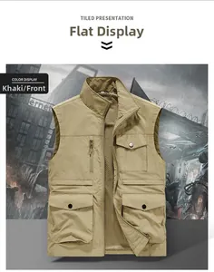 Detail of khaki tactical fishing vest featuring multi-pockets and breathable mesh lining