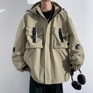 Men Techwear Cargo Jacket Nylon Polyester Multi Pocket Hooded Windbreaker Waterproof Streetwear Outdoor Hooded Coat