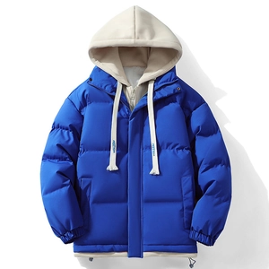 Giacca a vento imbottita unisex blu reale e beige con cappuccio e polsini elastici