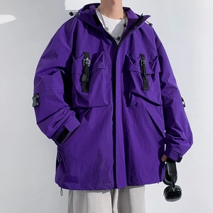 Men's loose hooded purple techwear jacket with tactical pockets and street style