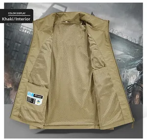 Detail view of khaki fishing vest showing mesh lining and interior velcro pocket