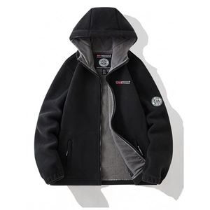 Men's heavy double-layer fleece hoodie with warm gray lining and black exterior