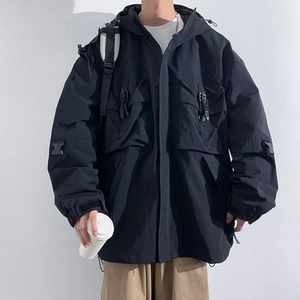 Men's black hooded tactical cargo jacket with multi-pocket design in oversized fit