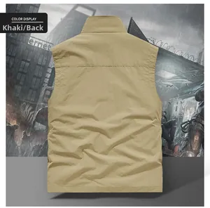 Rear view of khaki multi-pocket tactical utility vest in lightweight durable fabric