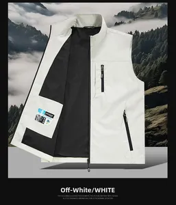 Detail of off-white fishing vest featuring black mesh lining and multi-zipper pockets