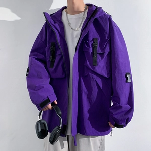Men's purple hooded techwear jacket with multi-pockets and functional buckles in loose fit