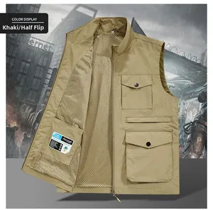 Detail of khaki outdoor fishing vest showing multi-pocket design and breathable mesh lining