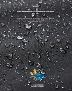 Macro shot of water droplets on waterproof black fabric showing the lotus repellent effect