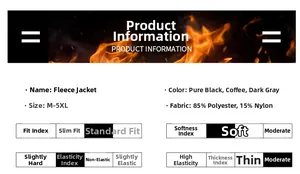 Detailed size and material chart for fleece jackets in black, brown, and grey options