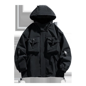 Men's black hooded techwear jacket with multi-pocket design and tactical utility style