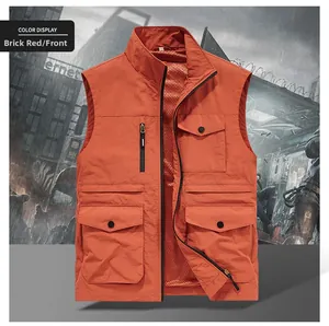 Detail of brick red multi-pocket cargo vest featuring mesh lining and zipper closure